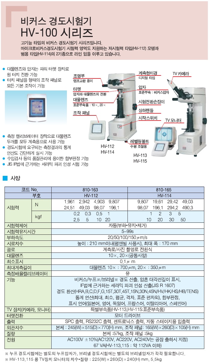 비커스 경도시험기, HV-100 시리즈, 고기능 타입의 비커스 경도시험기 시리즈입니다. 마이크로비커스 경도시험기 시험력 영역도 지원하는 저시험력 타입(HV-112)모델과 범용 타입(HV-114)의 2기종으로 라인 업을 이루고 있습니다. 대물렌즈와 압자는 파워 터렛 장치로 원 터치 전환 가능, 터치 패널을 형태의 조작 패널로 모든 기본 조작이 가능, 측정 캘리브레이터 장착으로 대물렌즈 두개를 모두 계측용으로 사용 가능, 경도시험에 요구되는 측정결과의 통계 연산도 간단하게 실시 가능, 수입검사 등의 품질관리에 용이한 합부판정 가능, JIS IP법에 근거하는 세라믹 파괴 인성 시험 가능, HV-112, HV-114, HV-113, HV-115, 누프 경도시험에는 별도의 누프압자가, 브리넬 경도시험에는 별도의 브리넬 압자가 각각 필요합니다.